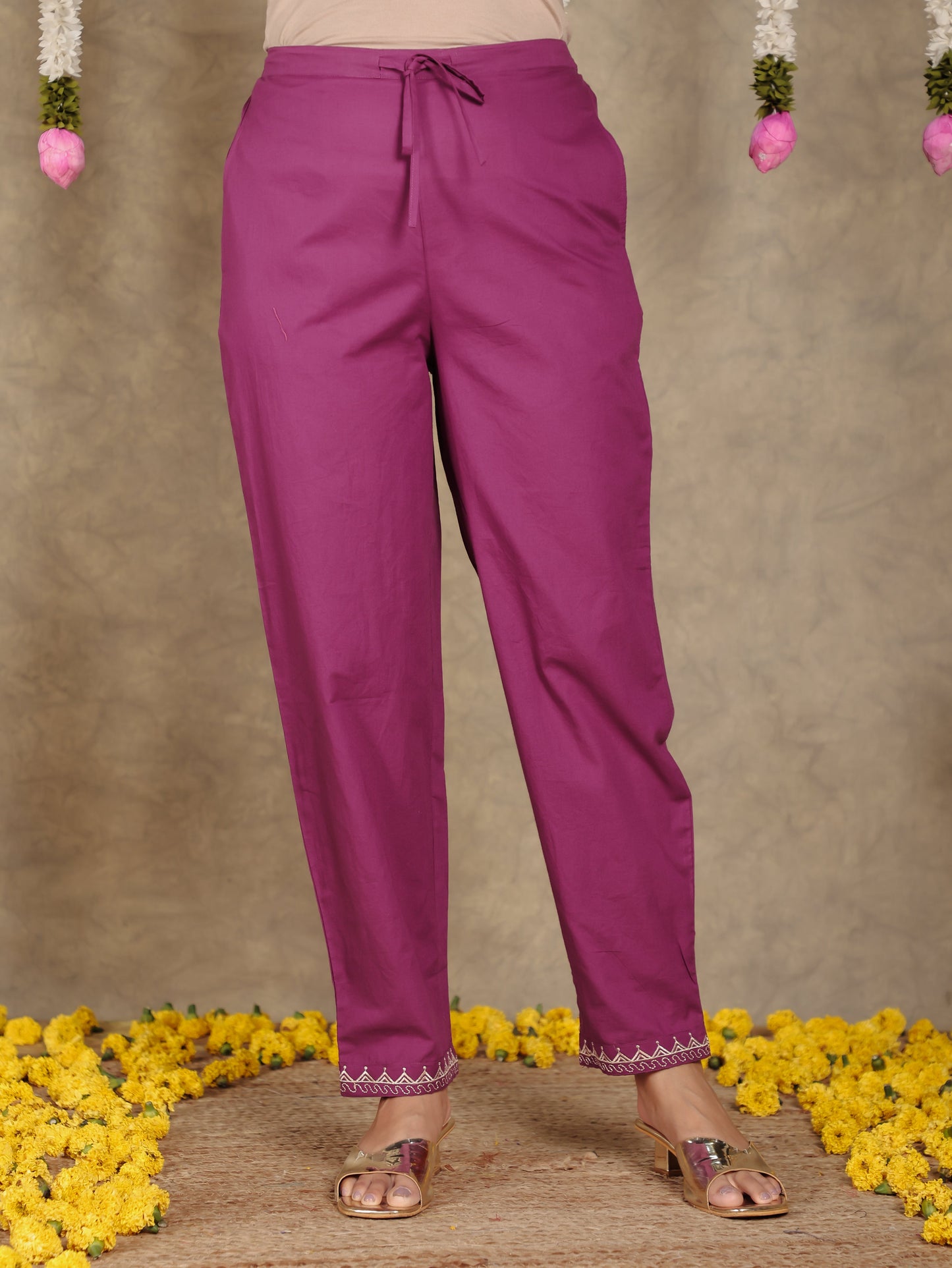 Soft Cotton Solid Purple Tapered Trousers