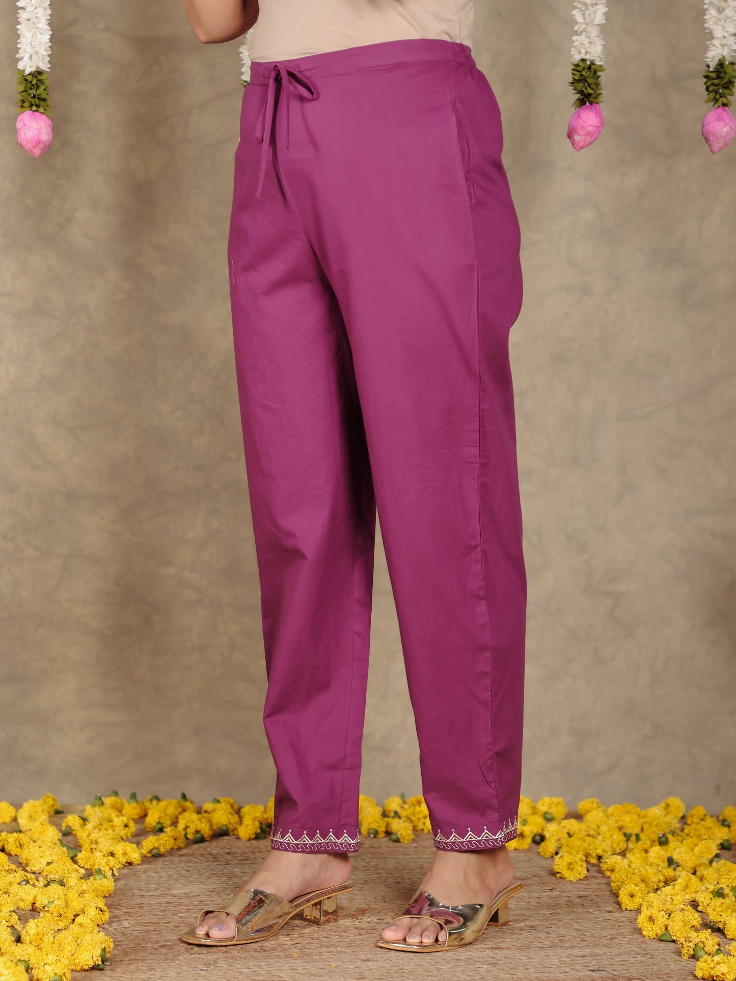 Soft Cotton Solid Purple Tapered Trousers