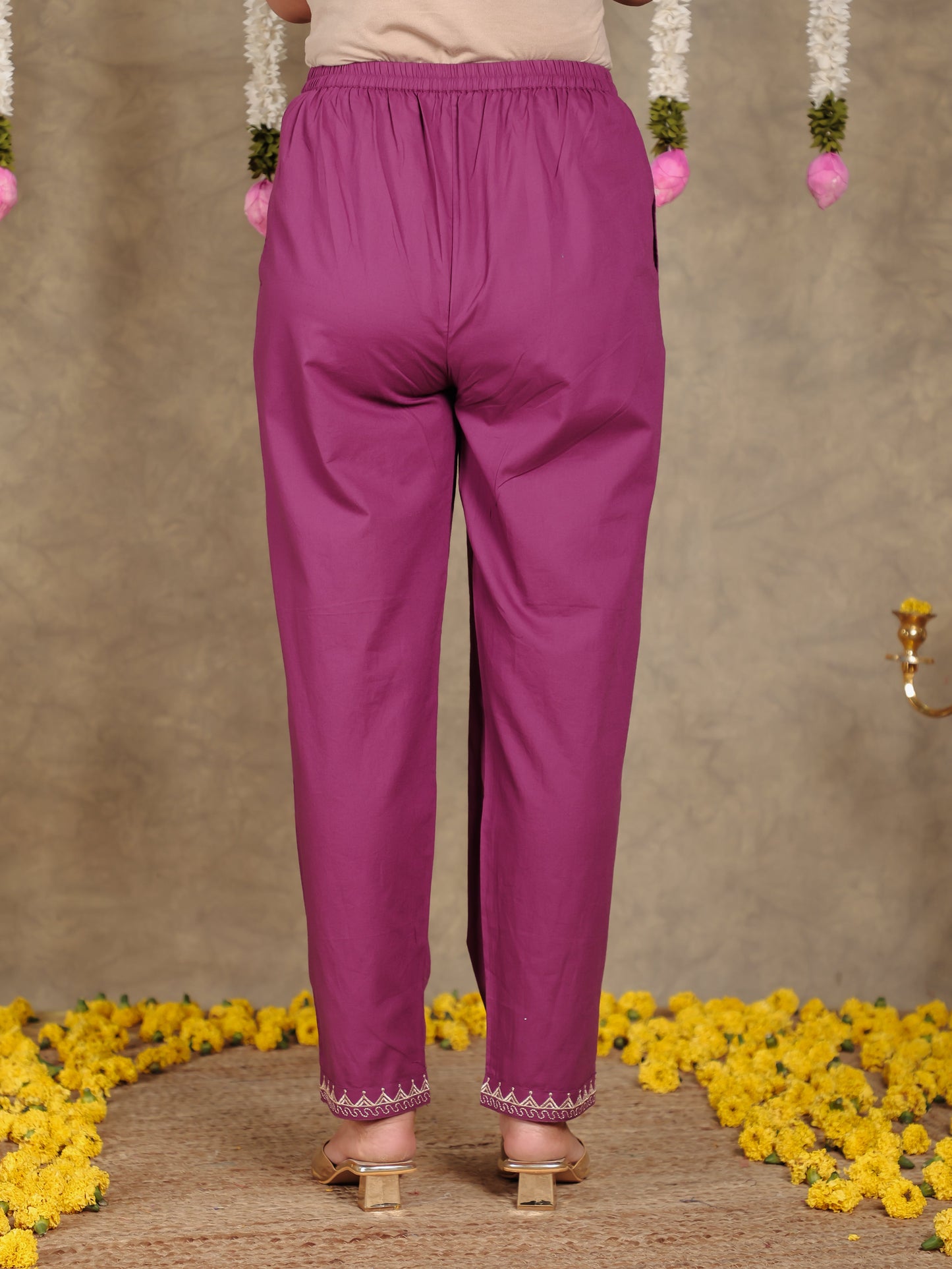 Soft Cotton Solid Purple Tapered Trousers