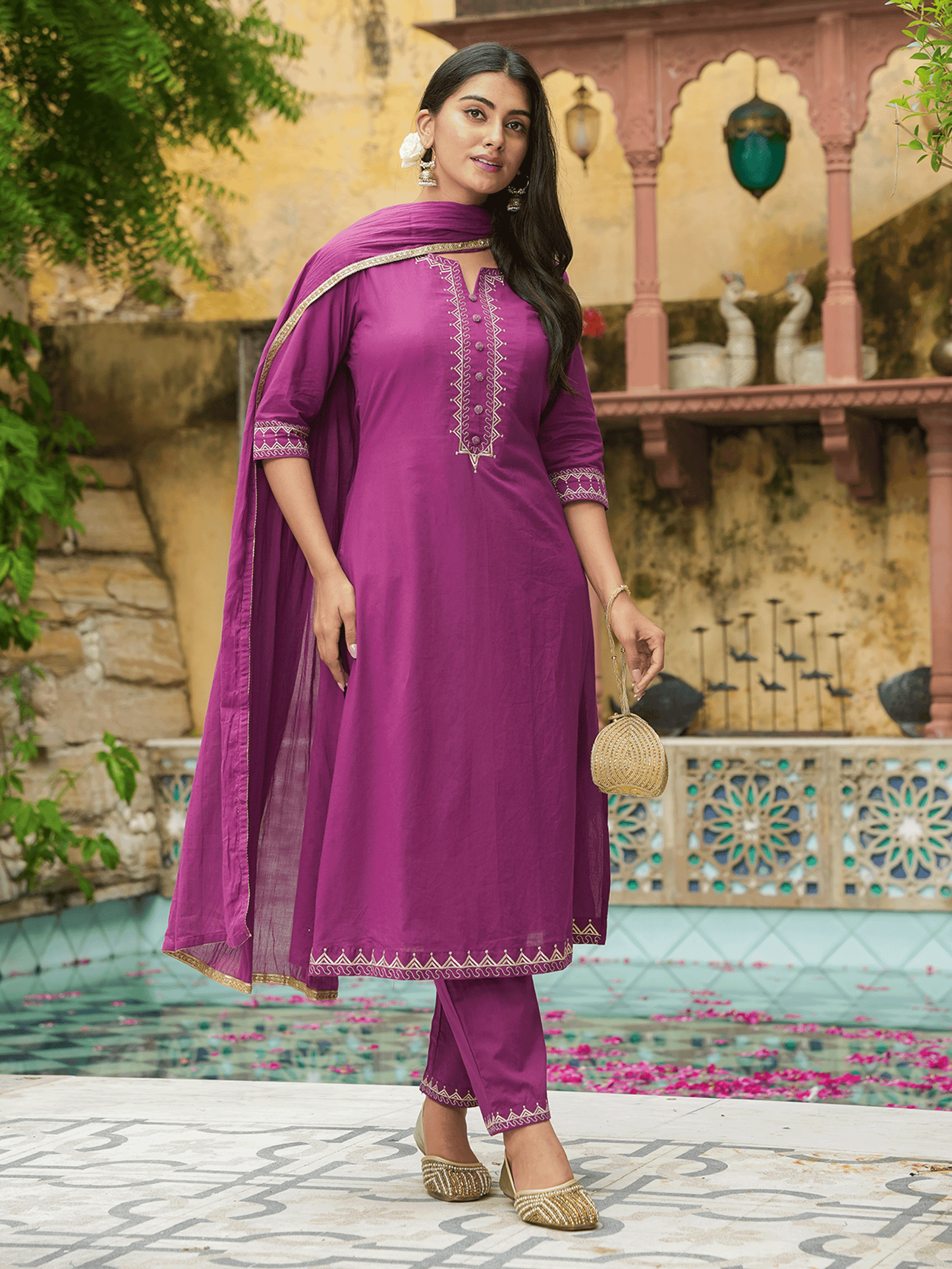 Embroidered Soft Cotton Solid A-line Purple Kurta