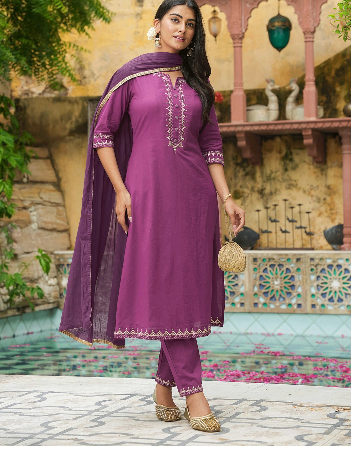 Embroidered Soft Cotton Solid A-line Purple Kurta