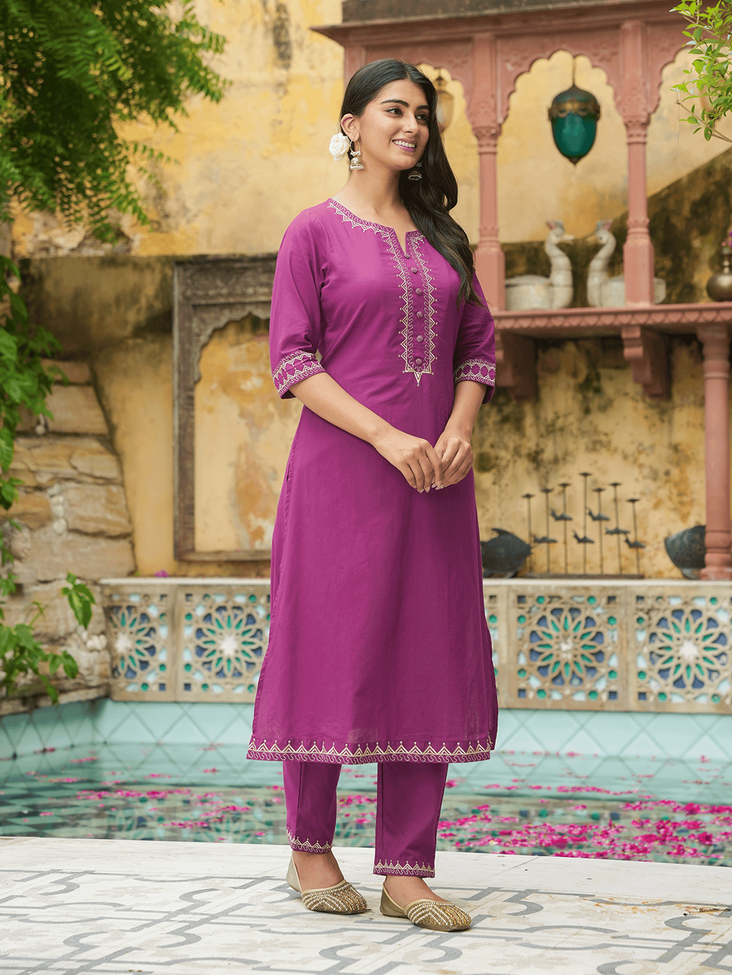 Embroidered Soft Cotton Solid A-line Purple Kurta