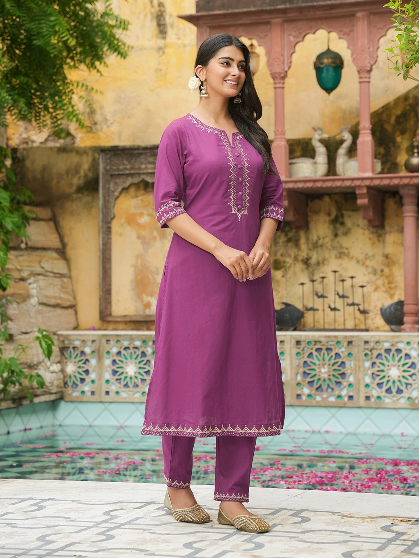Embroidered Soft Cotton Solid A-line Purple Kurta