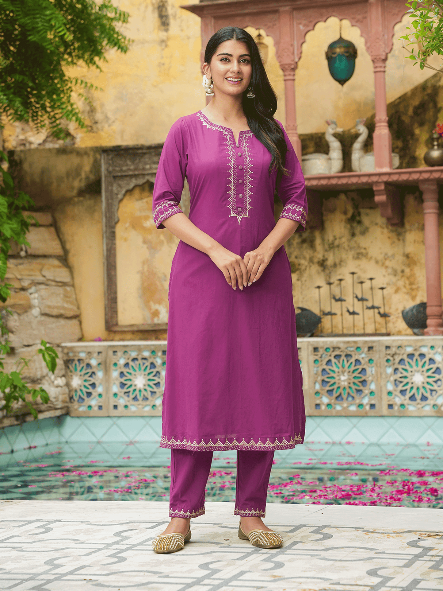 Embroidered Soft Cotton Solid A-line Purple Kurta