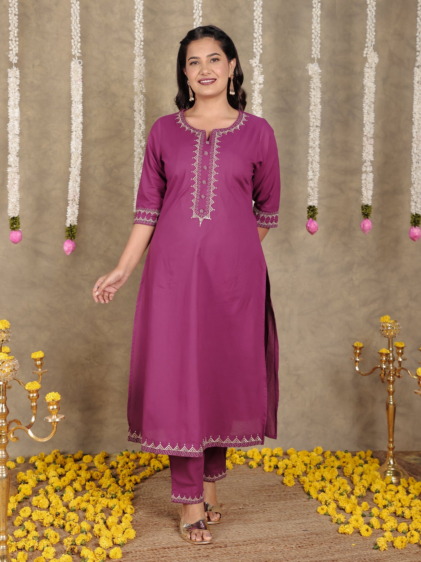 Embroidered Soft Cotton Solid A-line Purple Kurta