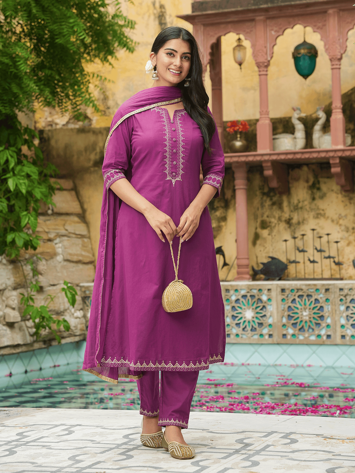 Embroidered Soft Cotton Solid A-line Purple Kurta