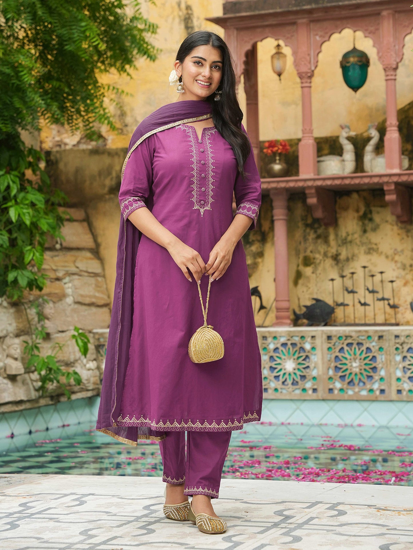 Embroidered Soft Cotton Solid A-line Purple Kurta