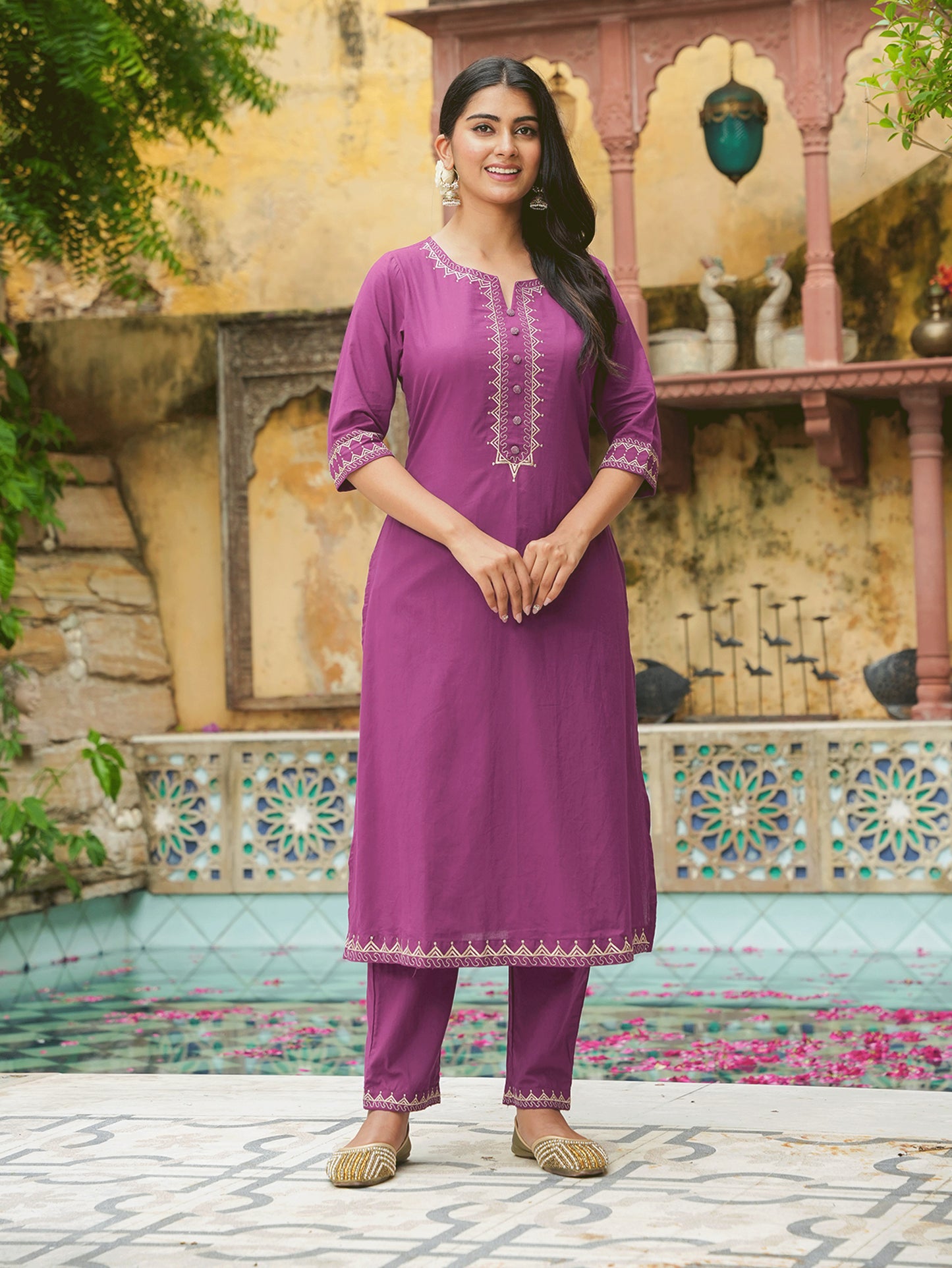 Embroidered Soft Cotton Solid A-line Purple Kurta