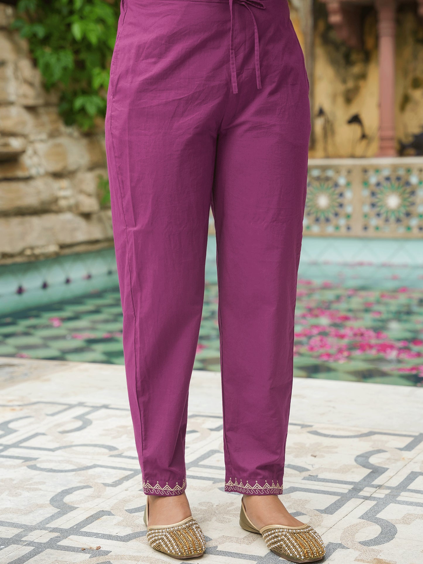 Embroidered Soft Cotton Solid A-line Purple Kurta