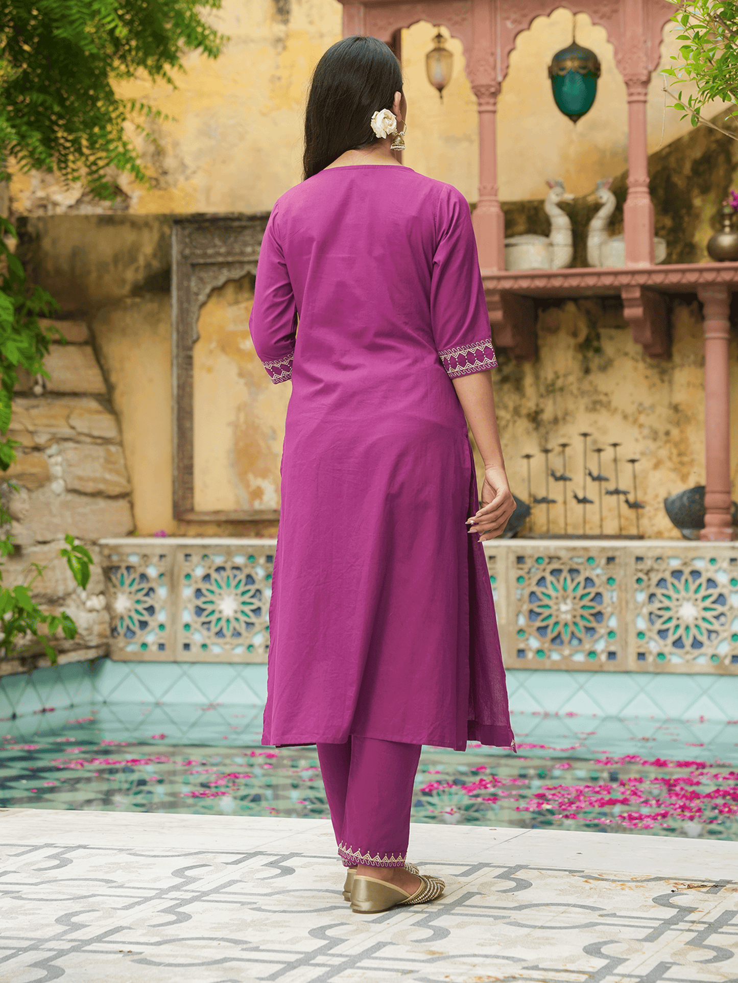 Embroidered Soft Cotton Solid A-line Purple Kurta