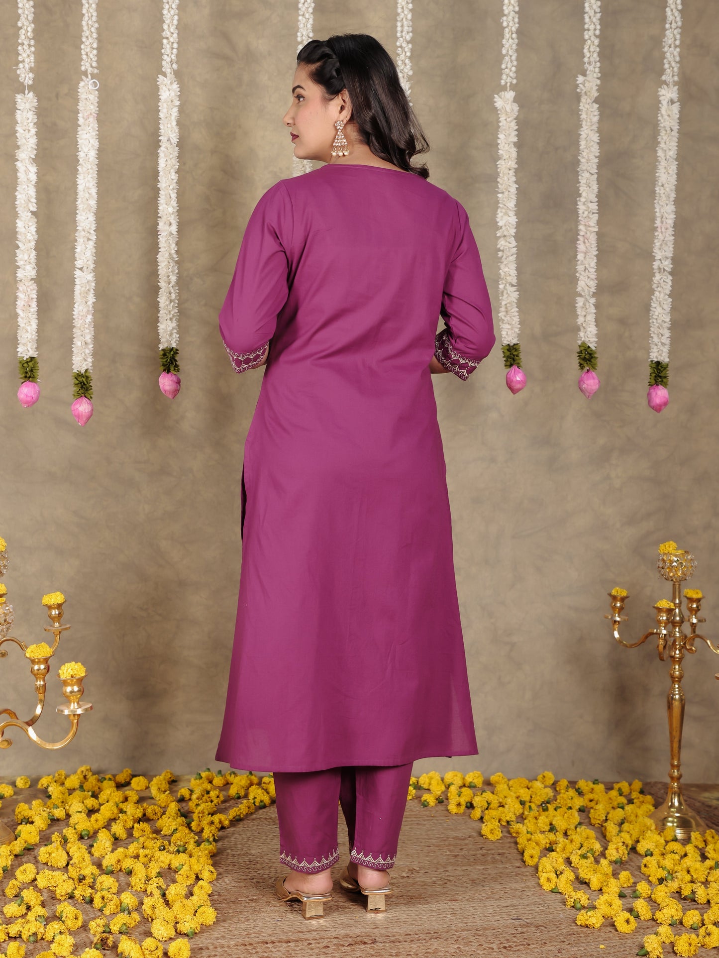 Embroidered Soft Cotton Solid A-line Purple Kurta