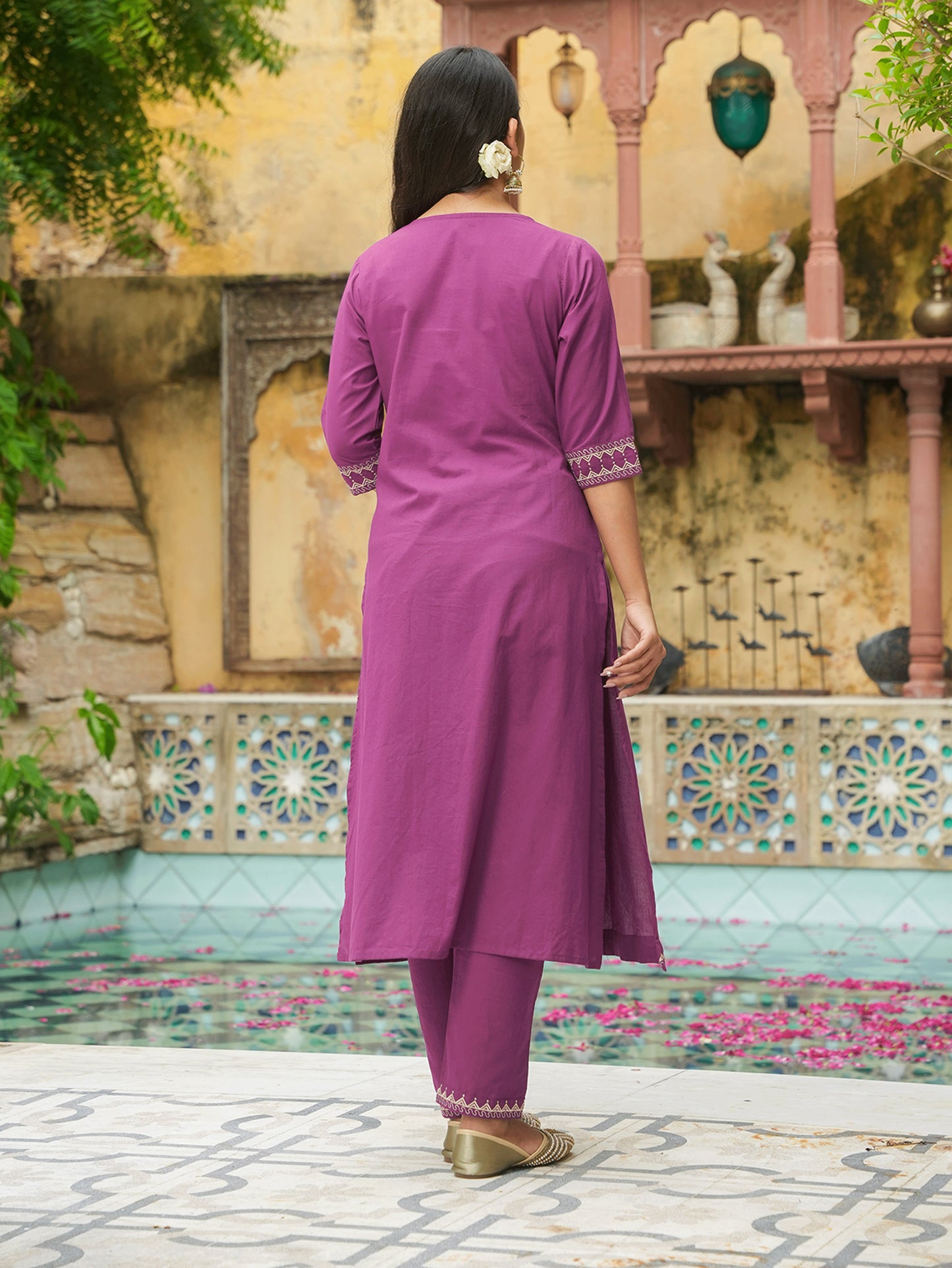 Embroidered Soft Cotton Solid A-line Purple Kurta
