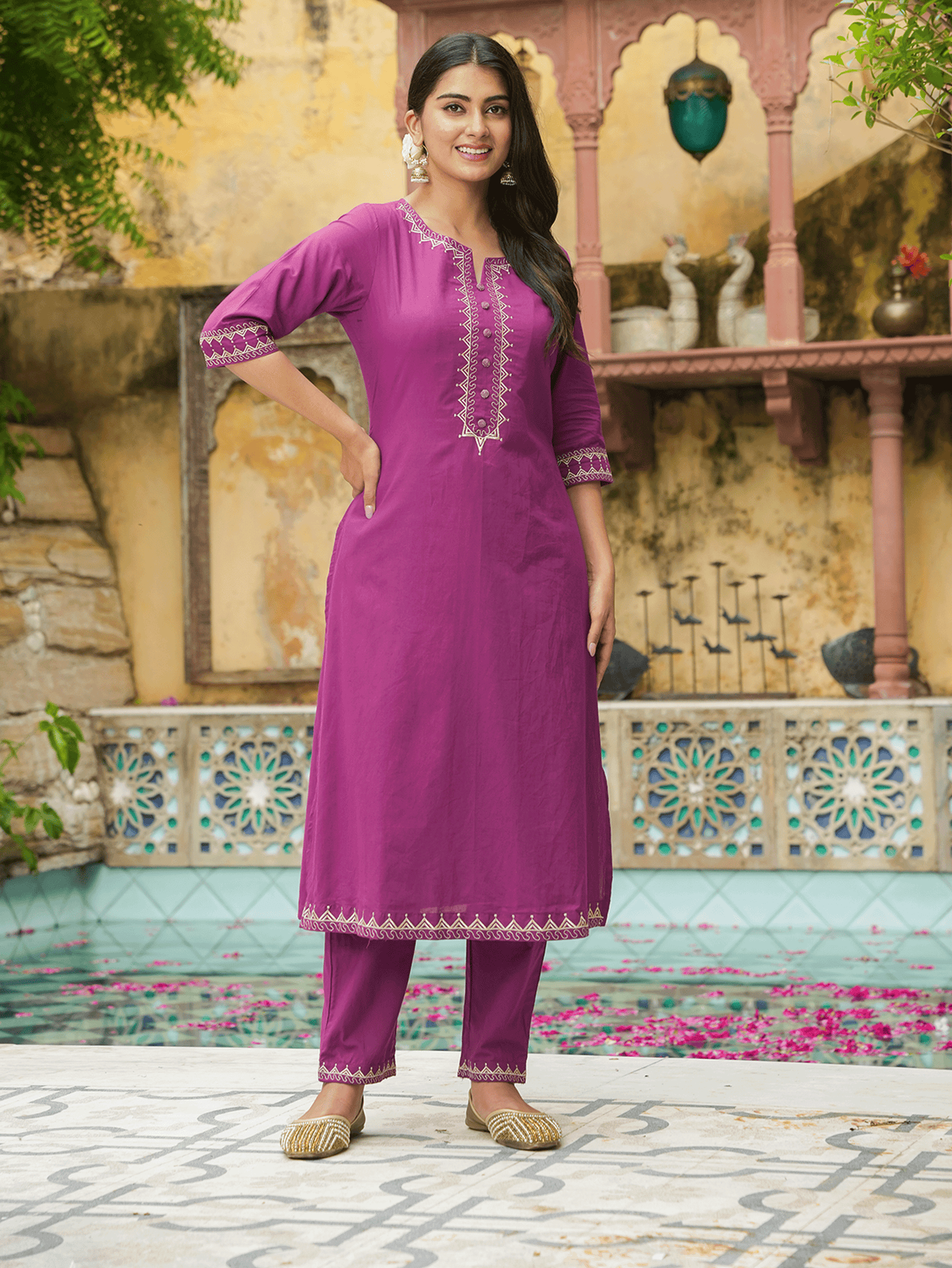 Embroidered Soft Cotton Solid A-line Purple Kurta