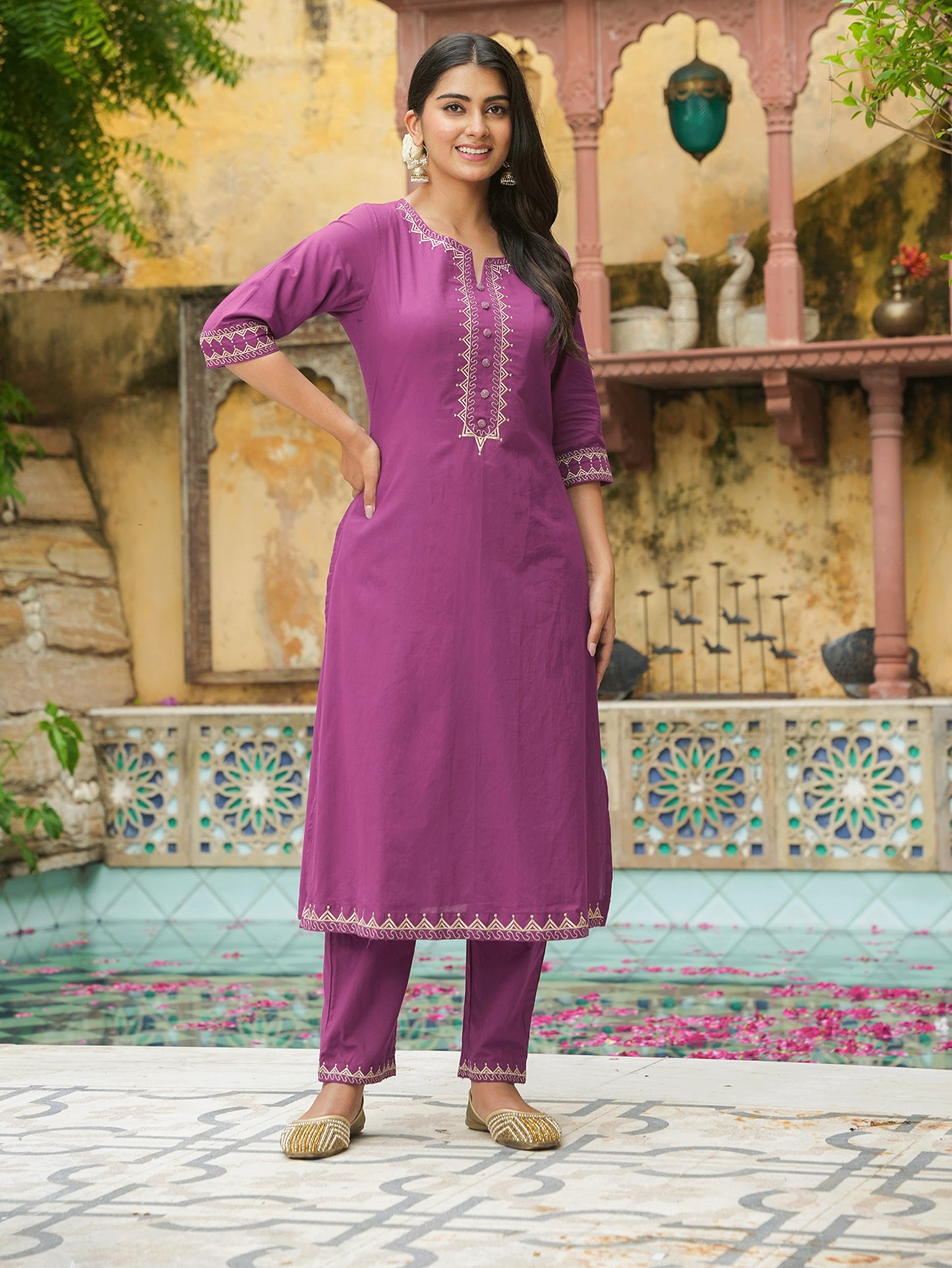 Embroidered Soft Cotton Solid A-line Purple Kurta