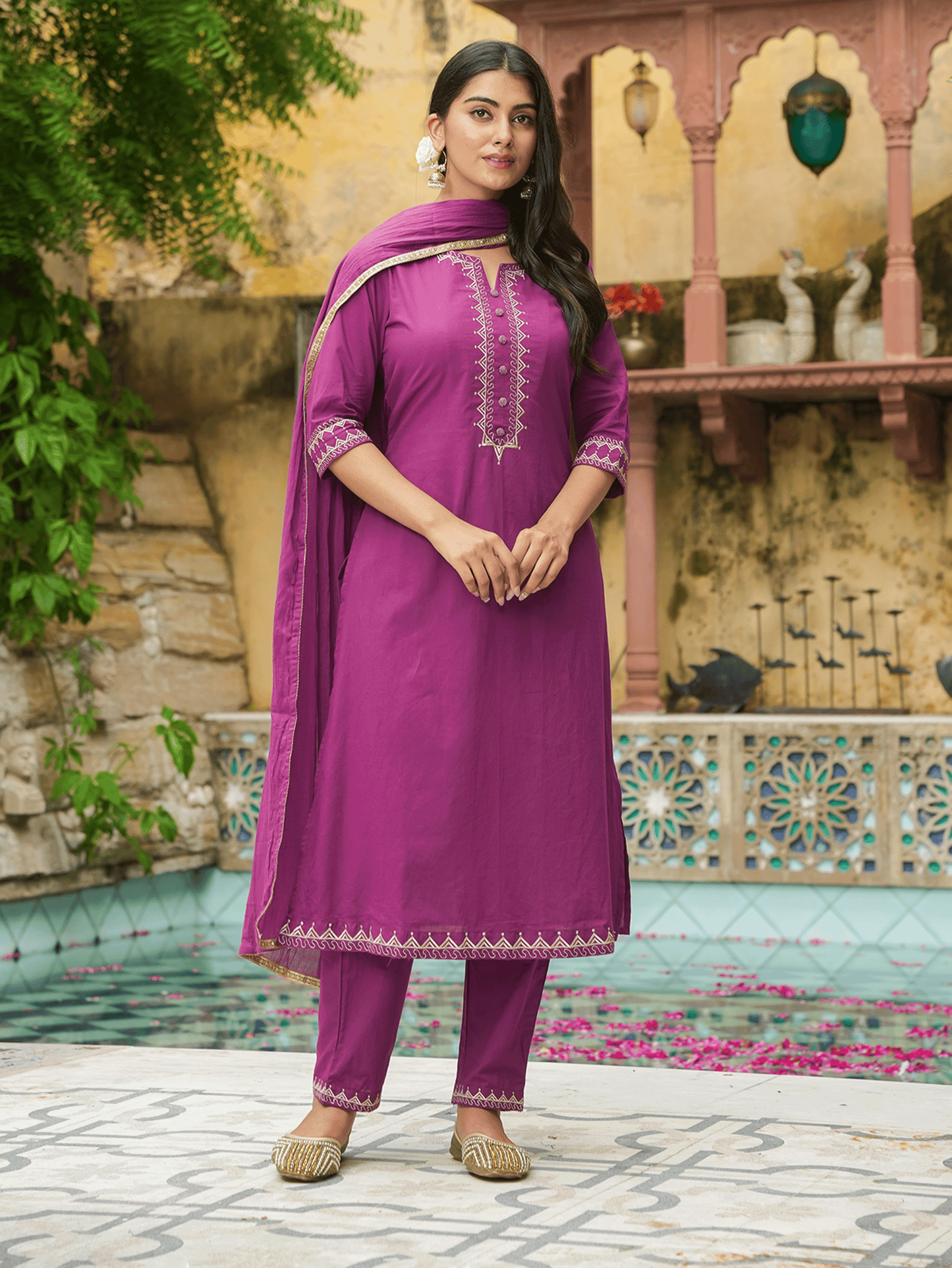 Embroidered Soft Cotton Solid A-line Purple Kurta