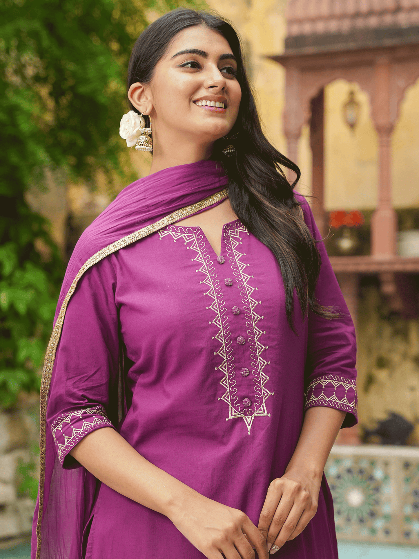Embroidered Soft Cotton Solid A-line Purple Kurta