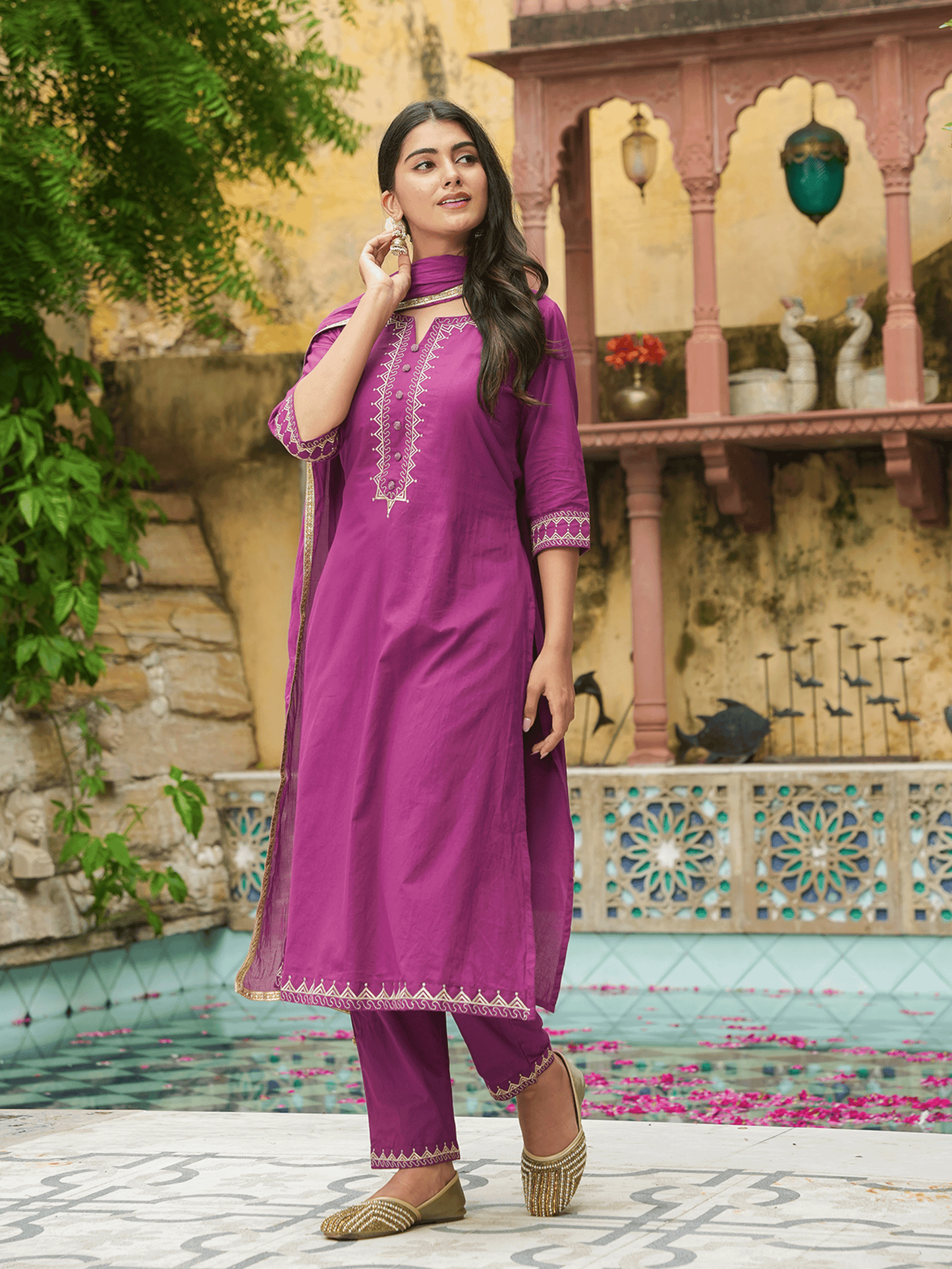 Embroidered Soft Cotton Solid A-line Purple Kurta