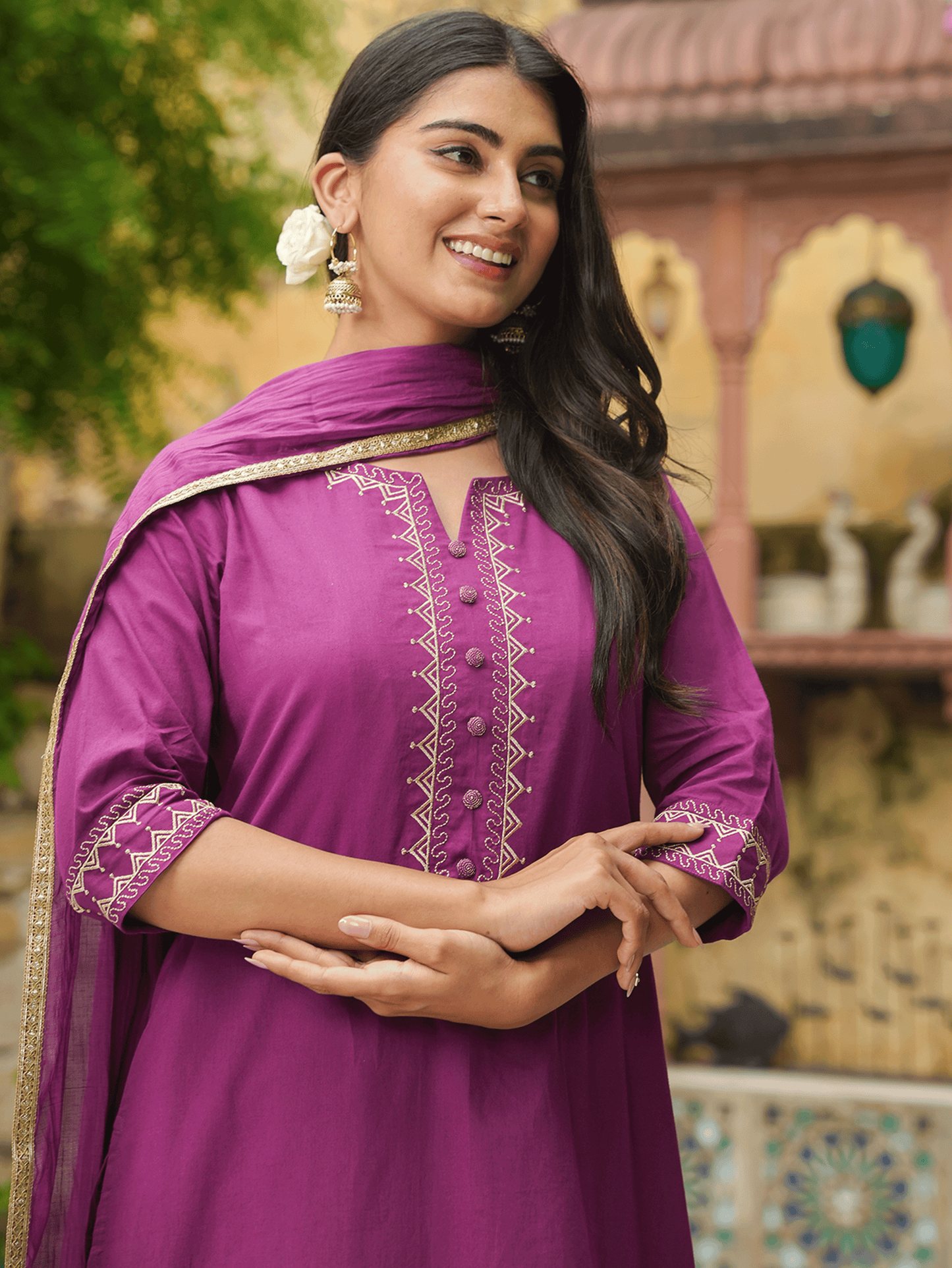 Embroidered Soft Cotton Solid A-line Purple Kurta
