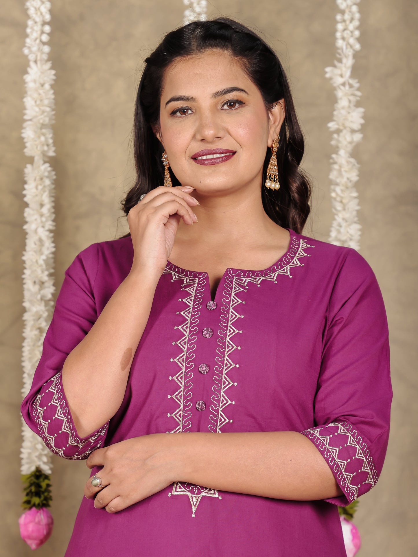 Embroidered Soft Cotton Solid A-line Purple Kurta