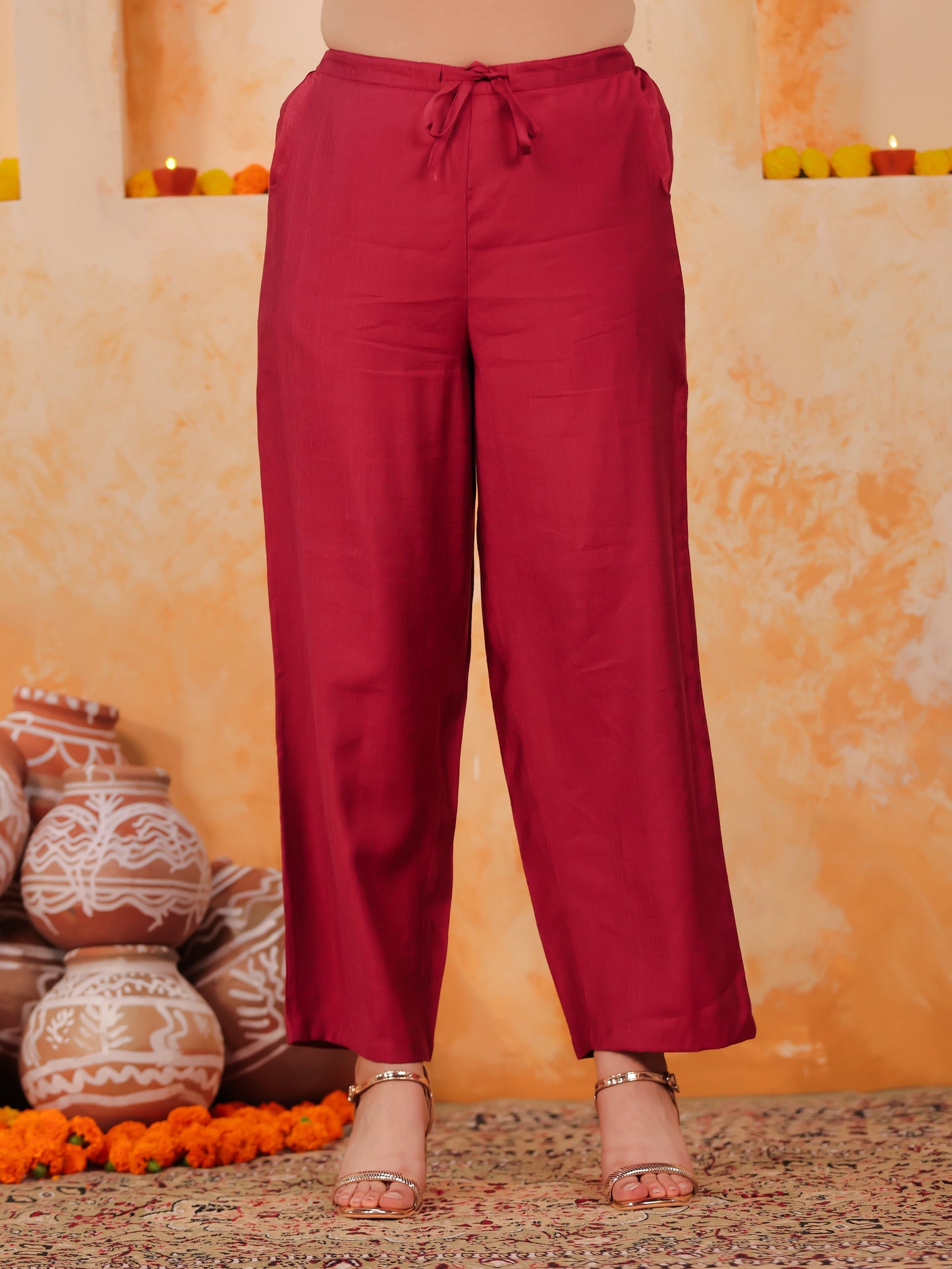 Blended Silk Solid Maroon Straight Trousers