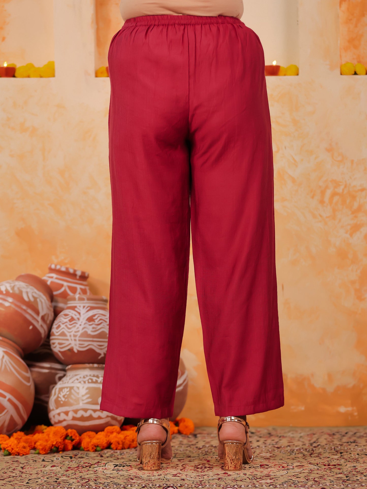 Blended Silk Solid Maroon Straight Trousers