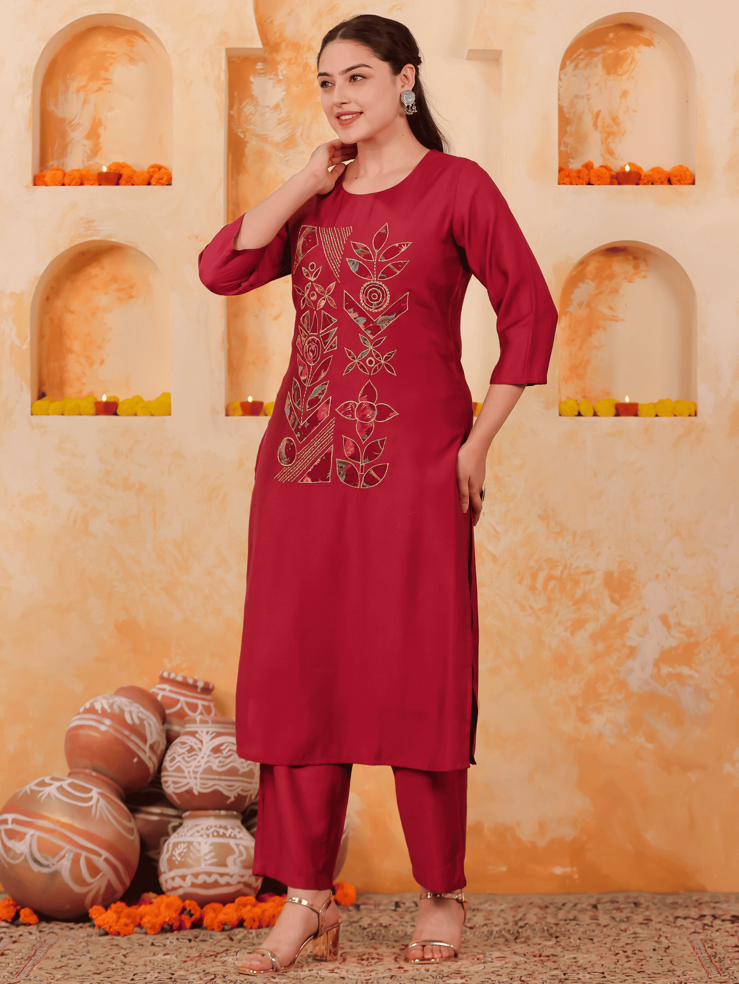 Embroidered Blended Silk Solid Straight Maroon Kurta