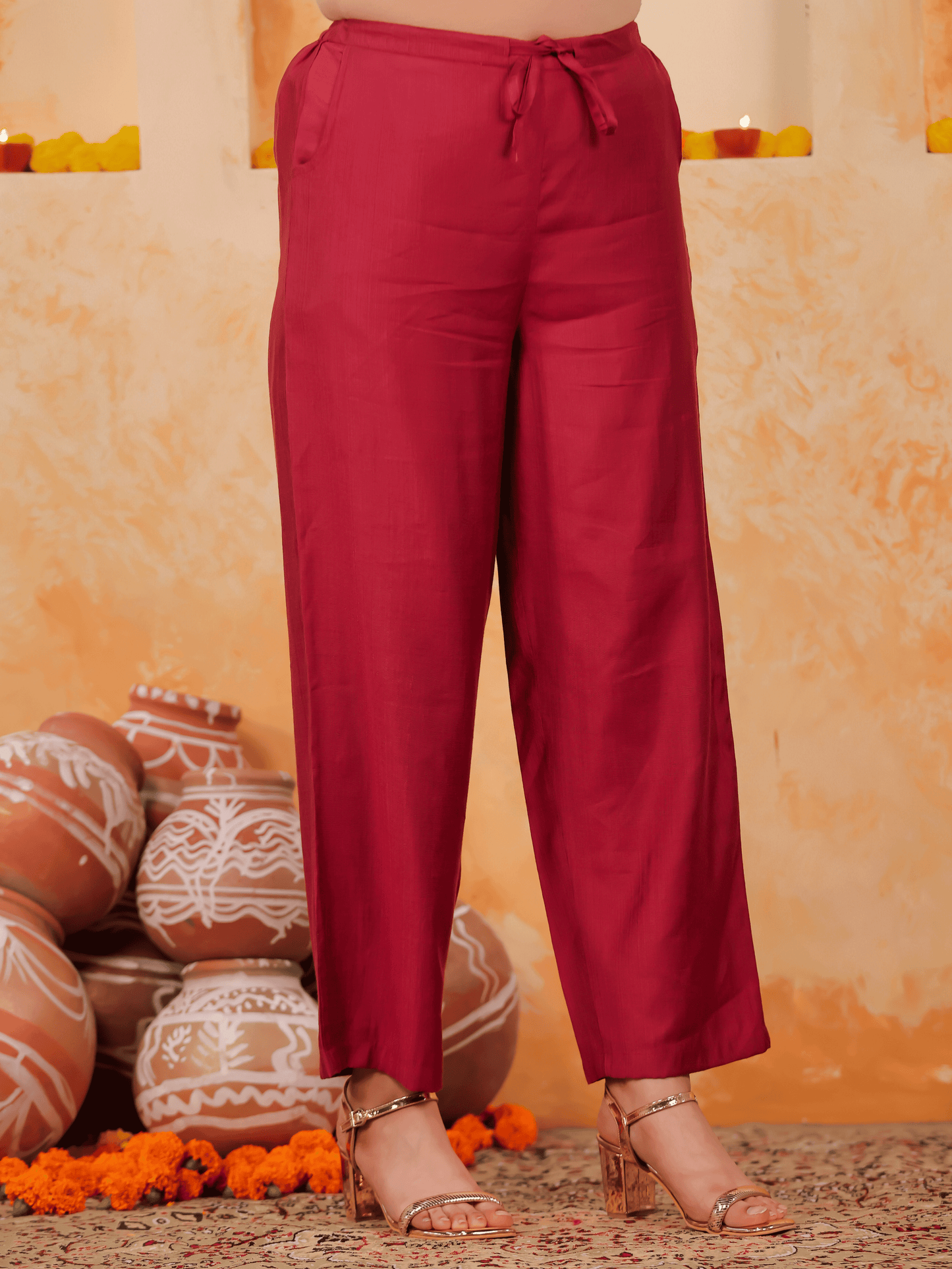 Embroidered Blended Silk Solid Straight Maroon Kurta