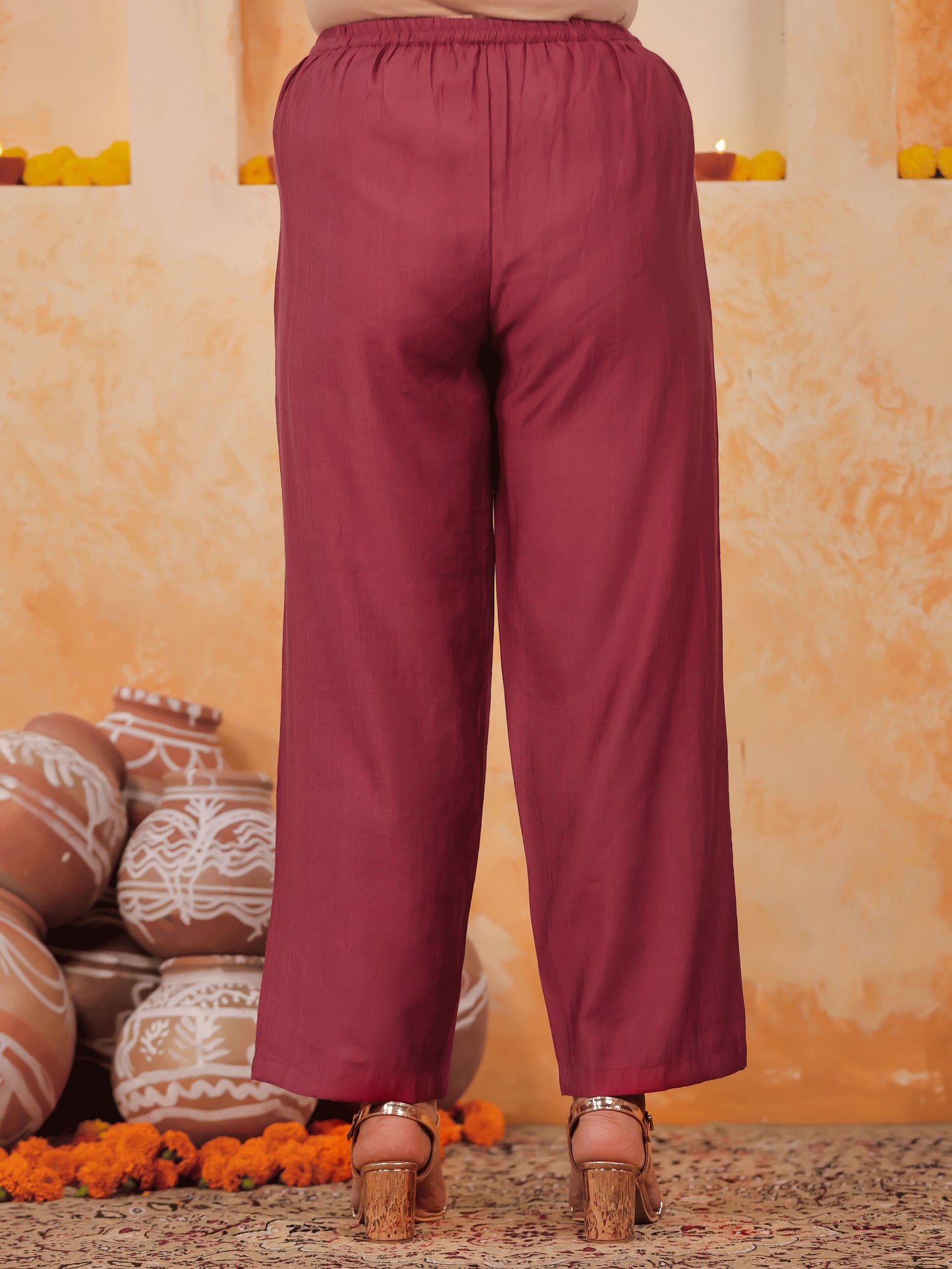 Blended Silk Solid Maroon Straight Trousers