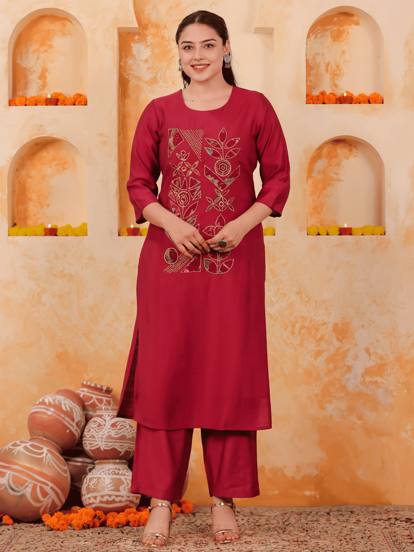 Embroidered Blended Silk Solid Straight Maroon Kurta
