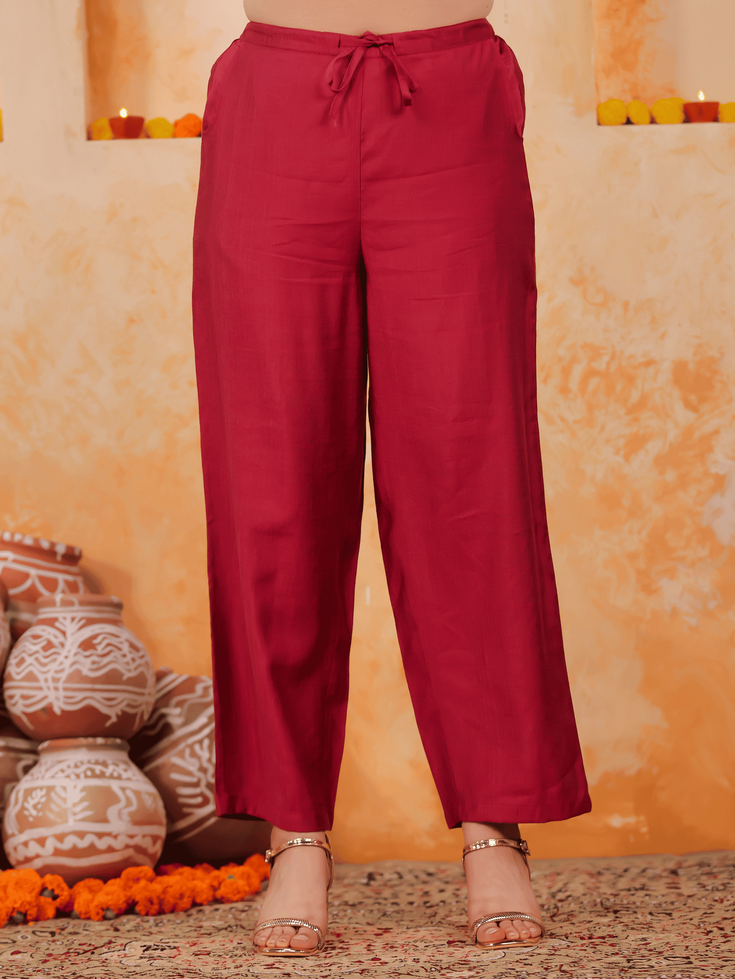 Embroidered Blended Silk Solid Straight Maroon Kurta