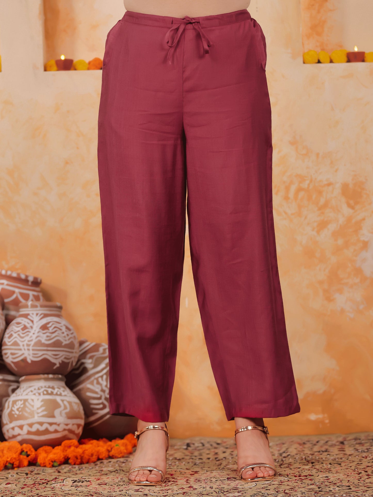 Blended Silk Solid Maroon Straight Trousers