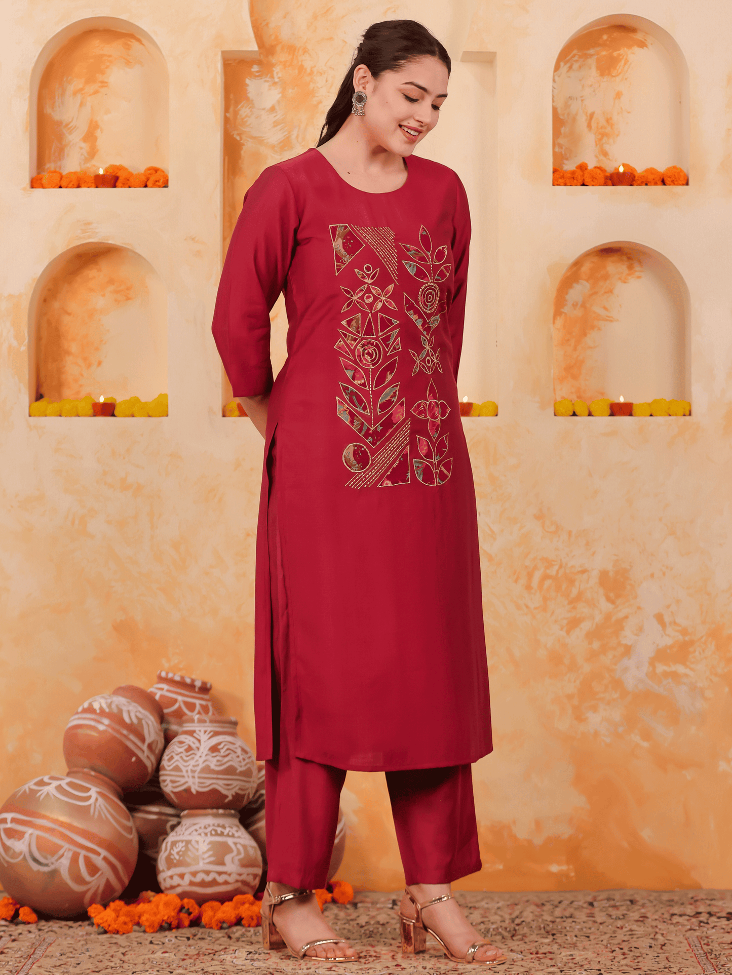 Embroidered Blended Silk Solid Straight Maroon Kurta