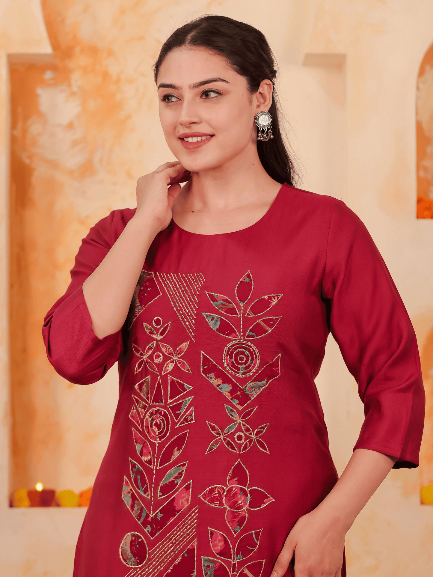 Embroidered Blended Silk Solid Straight Maroon Kurta