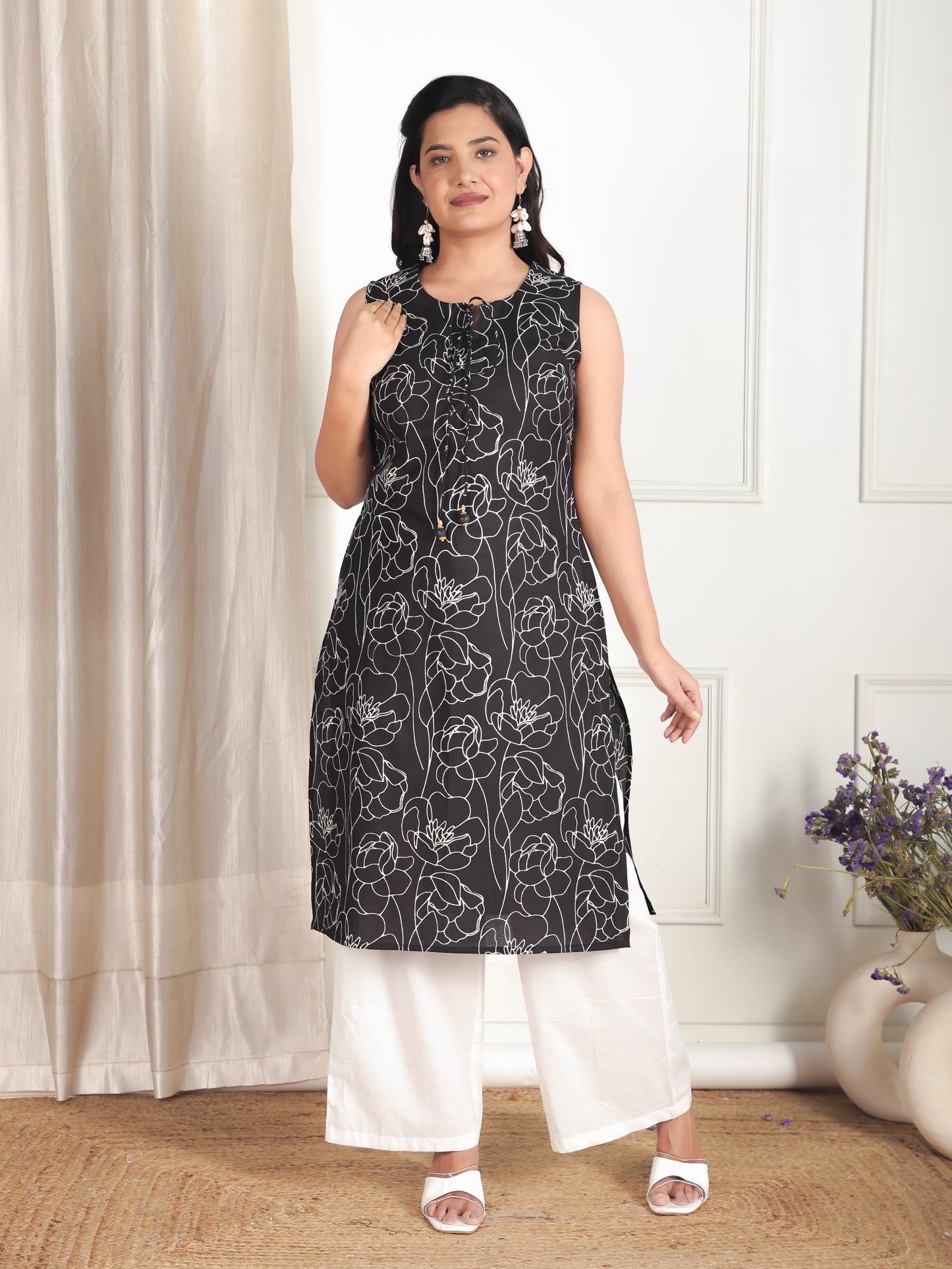 Soft Cotton Floral Straight Black Kurta