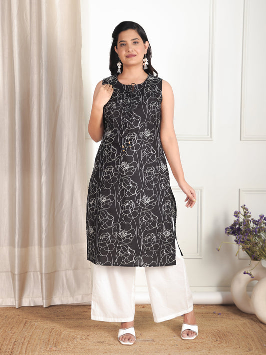 Soft Cotton Floral Straight Black Kurta