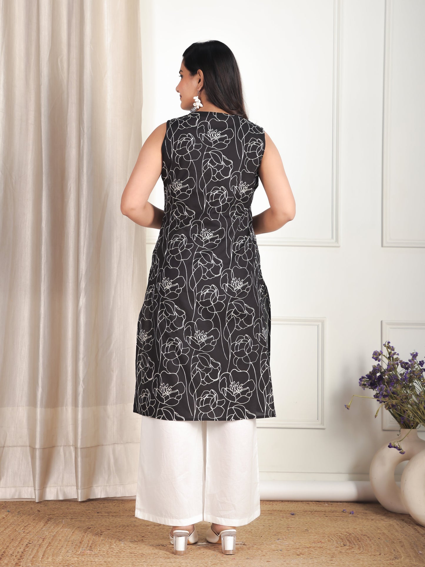 Soft Cotton Floral Straight Black Kurta