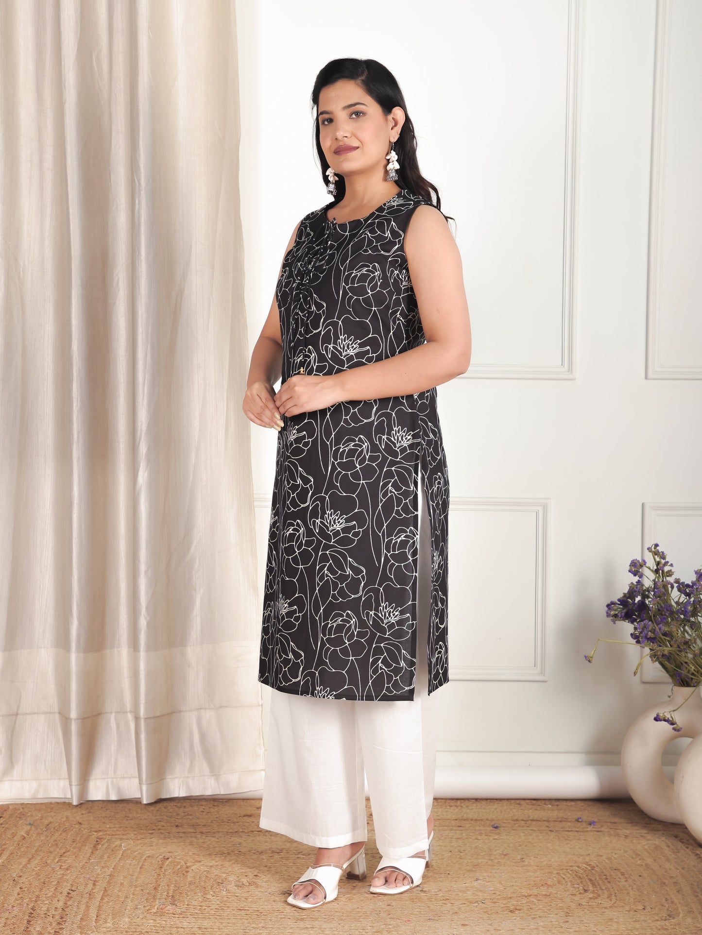 Soft Cotton Floral Straight Black Kurta