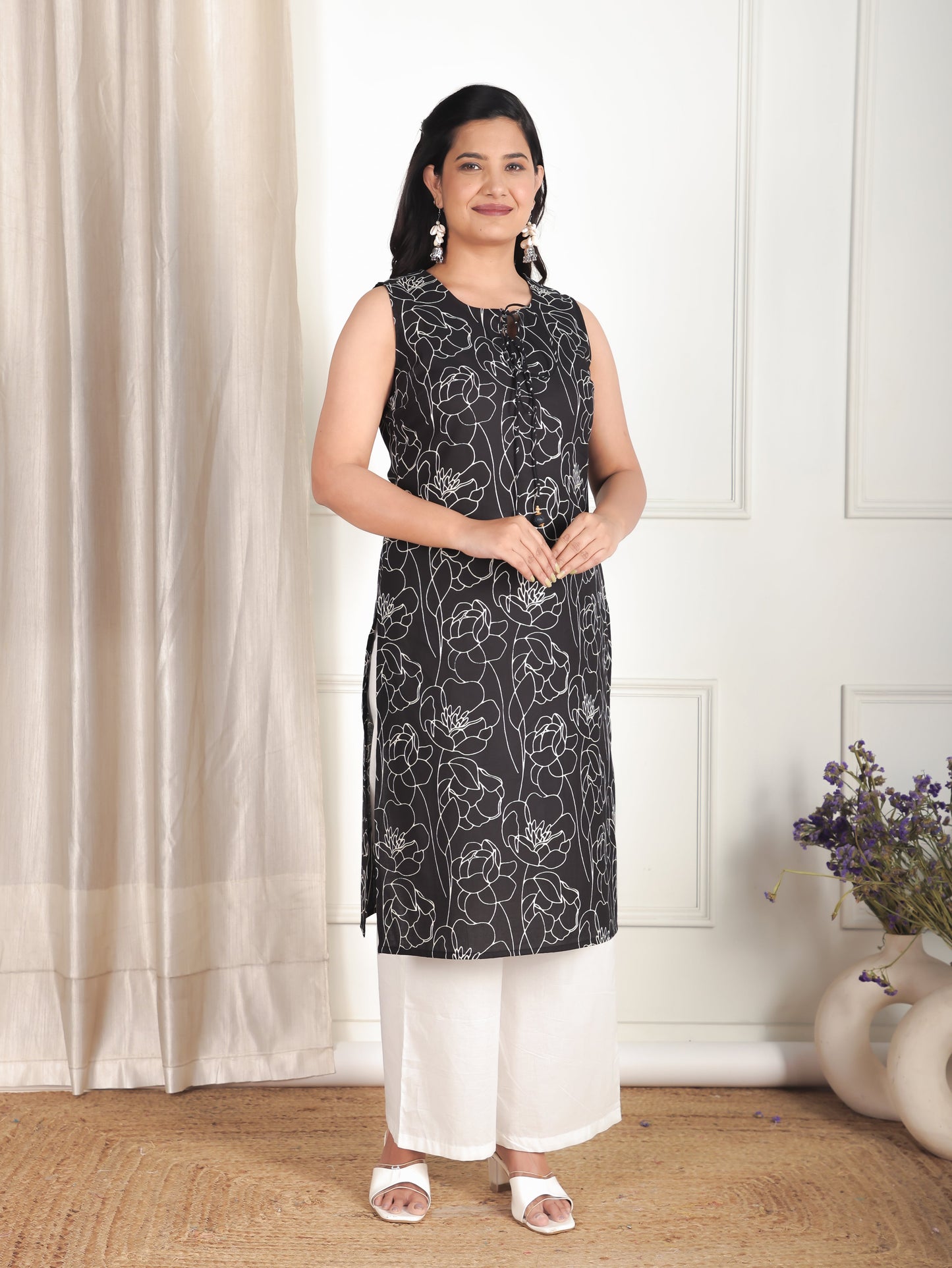 Soft Cotton Floral Straight Black Kurta