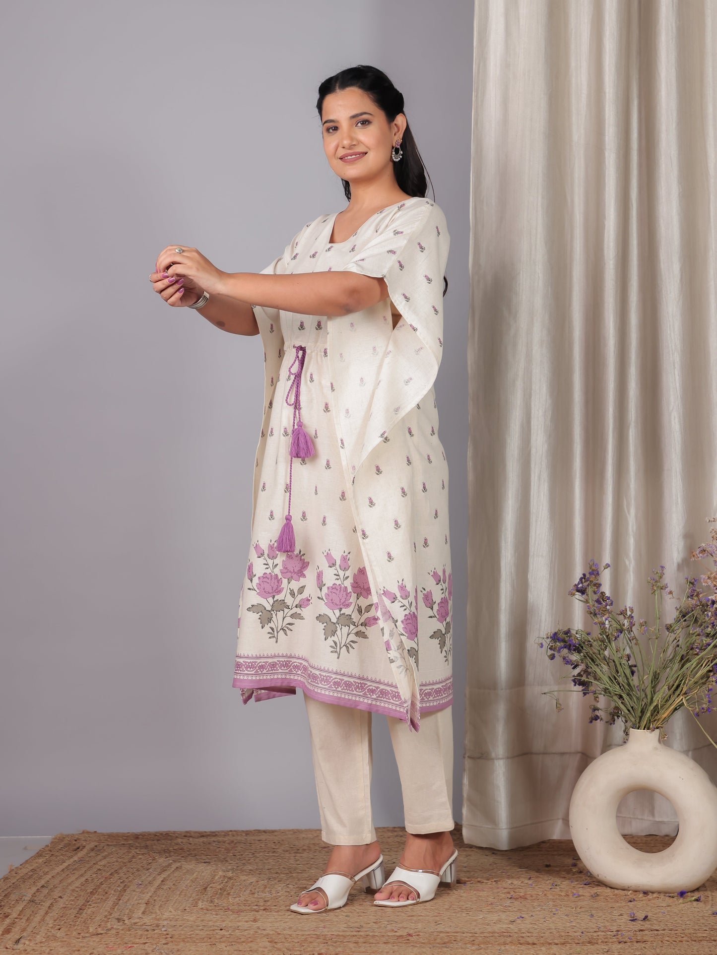 Linen Cotton Placement Print Kaftan Off White Kurta