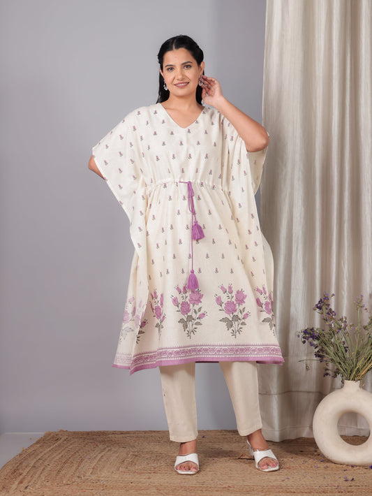 Linen Cotton Placement Print Kaftan Off White Kurta