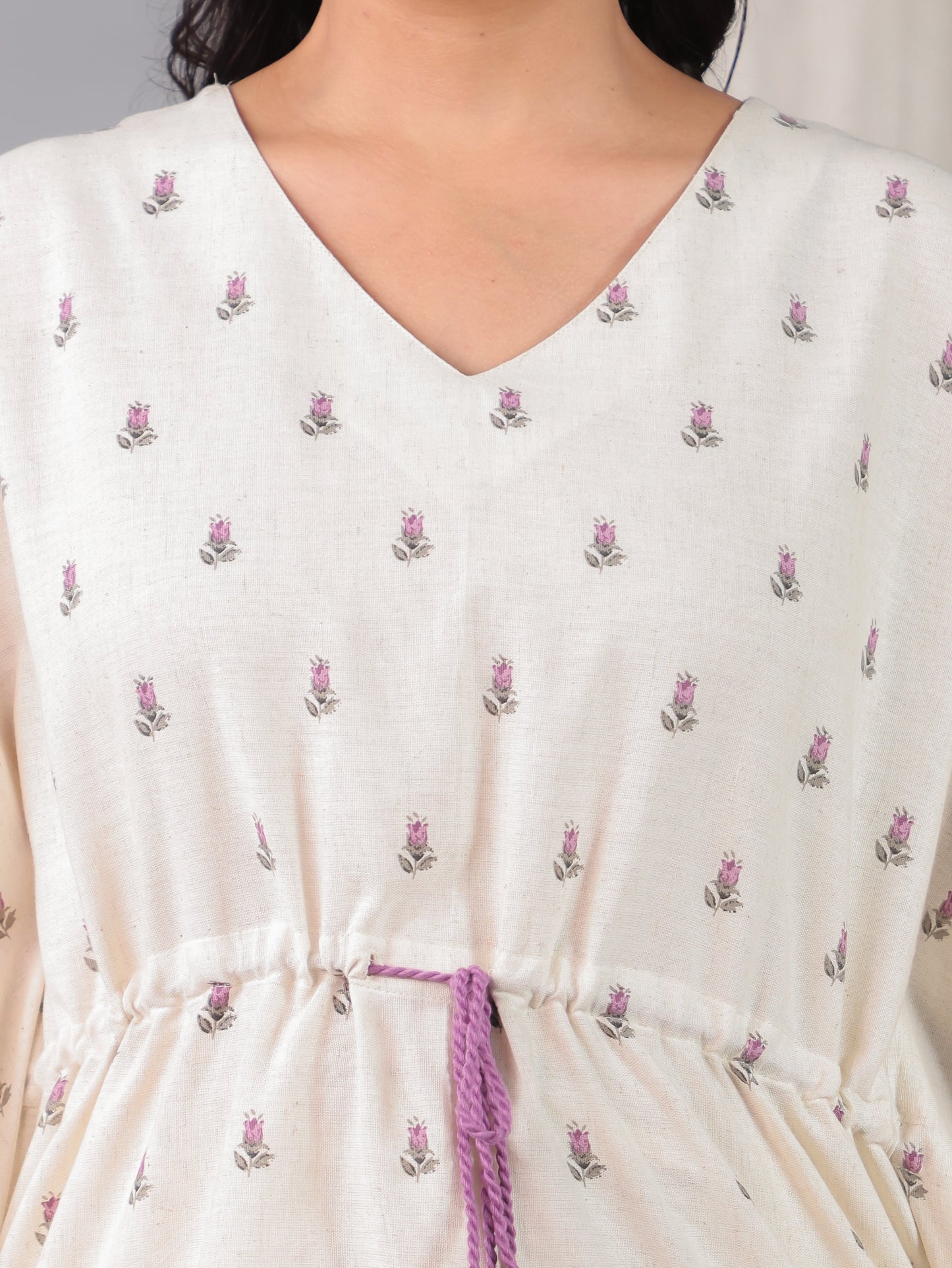 Linen Cotton Placement Print Kaftan Off White Kurta