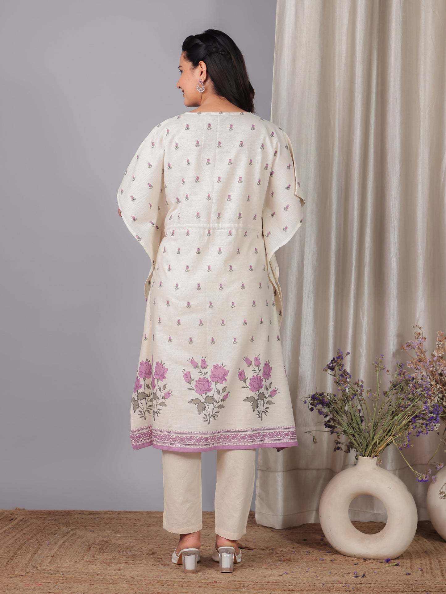 Linen Cotton Placement Print Kaftan Off White Kurta