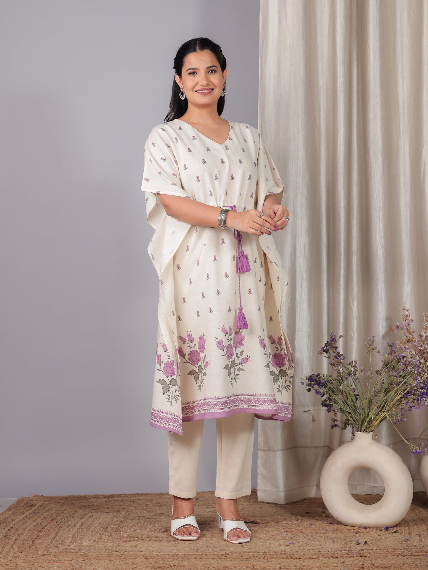 Linen Cotton Placement Print Kaftan Off White Kurta