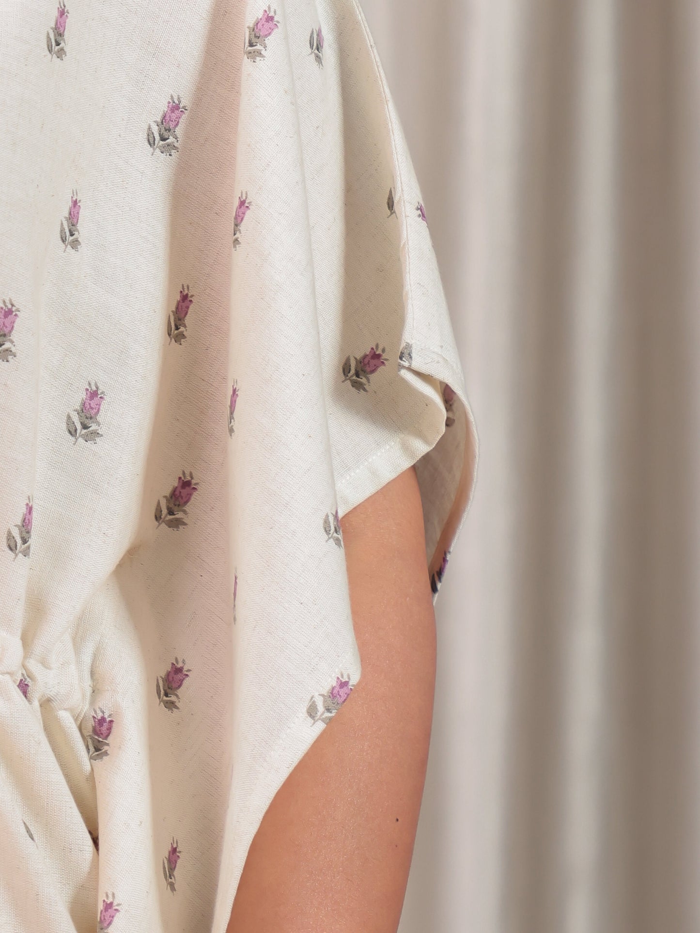 Linen Cotton Placement Print Kaftan Off White Kurta