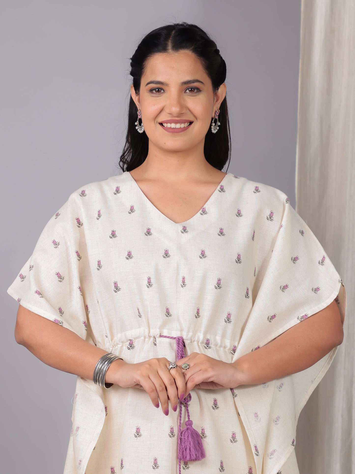 Linen Cotton Placement Print Kaftan Off White Kurta