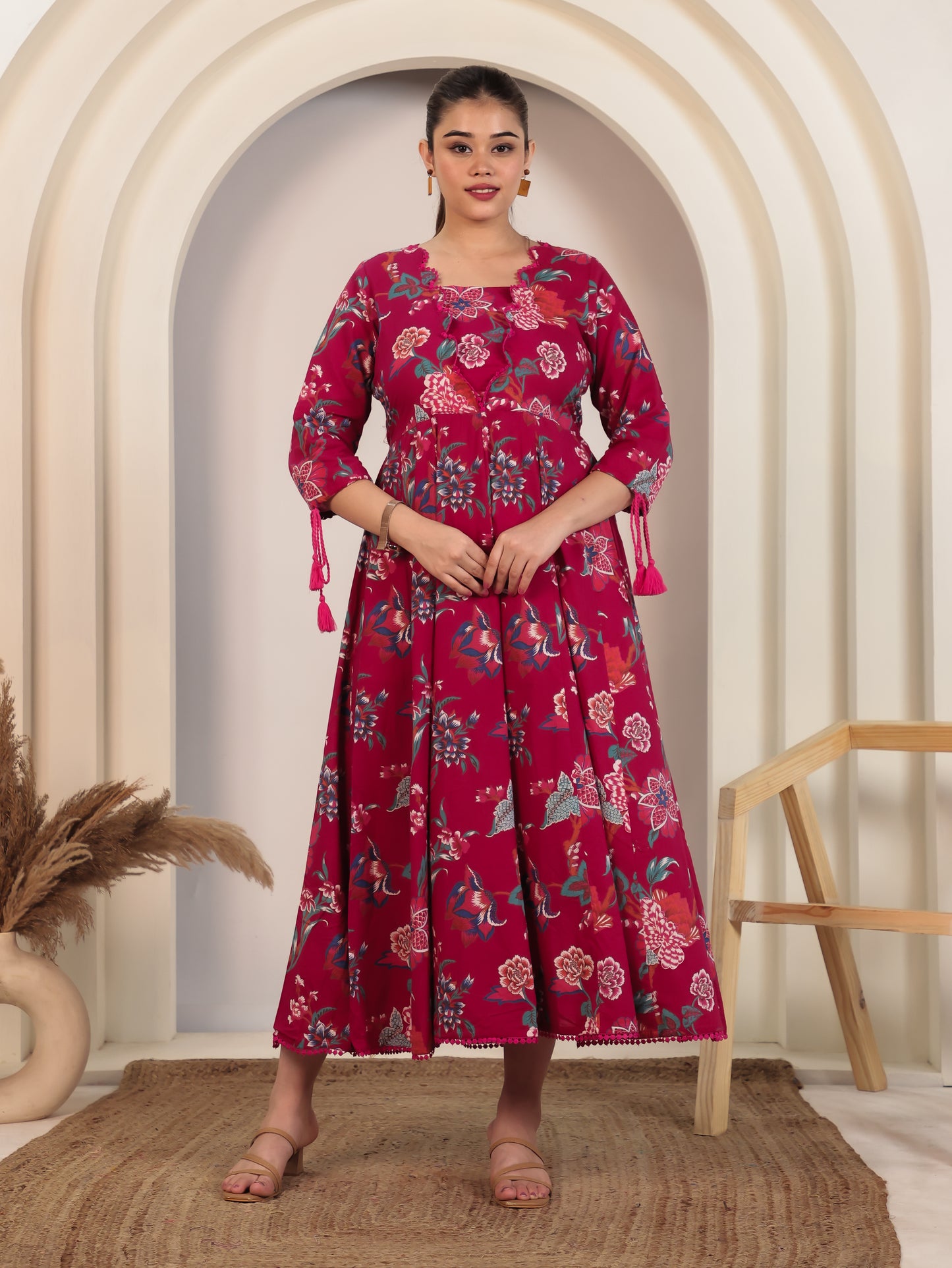 Soft Cotton Floral Flared Pink Dress