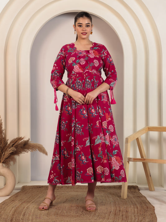 Soft Cotton Floral Flared Pink Dress