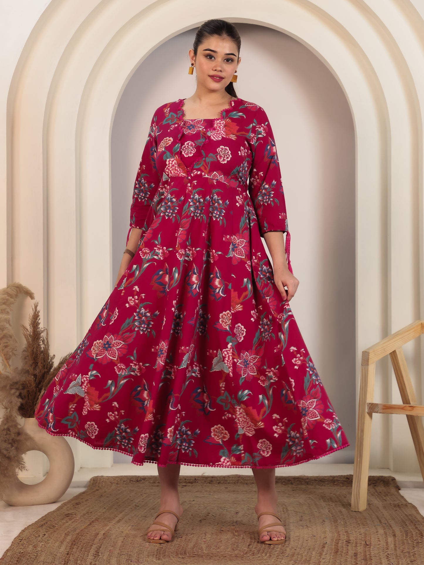 Soft Cotton Floral Flared Pink Dress