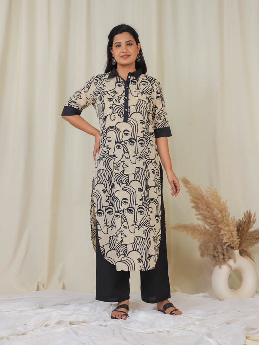 Soft Cotton Abstract Pathani Beige Kurta