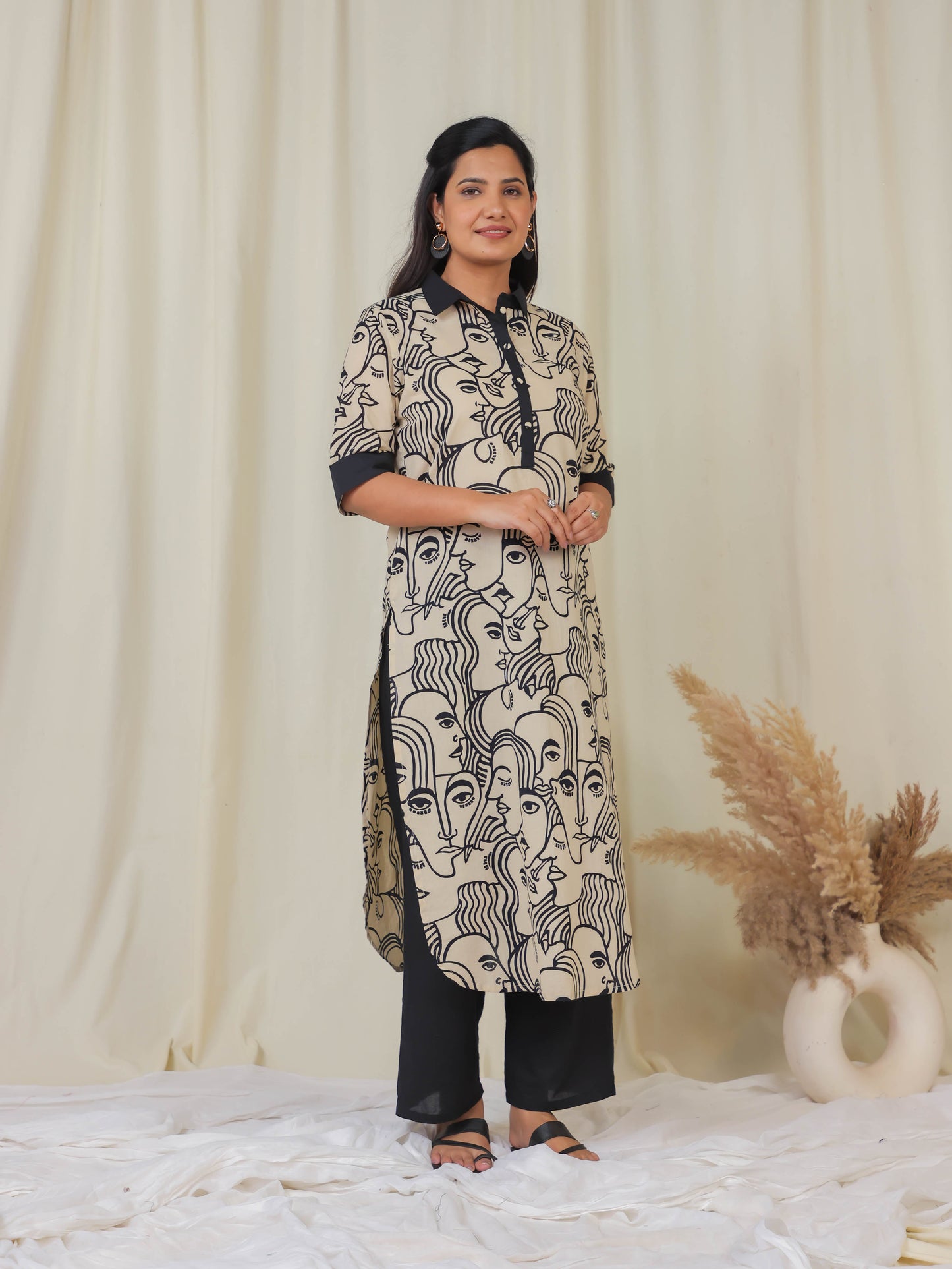 Soft Cotton Abstract Pathani Beige Kurta